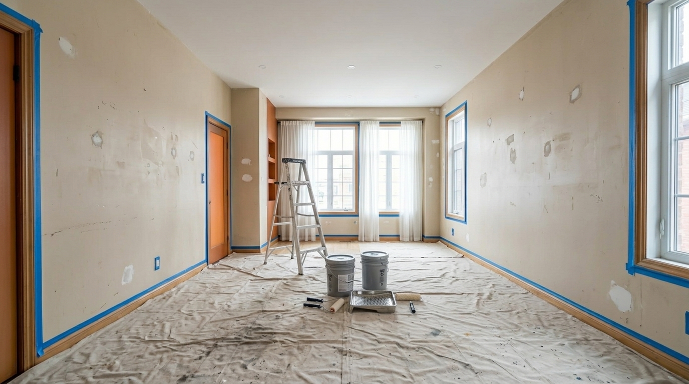 Salon de condo en préparation avec toile, échelle et baldes de peinture
