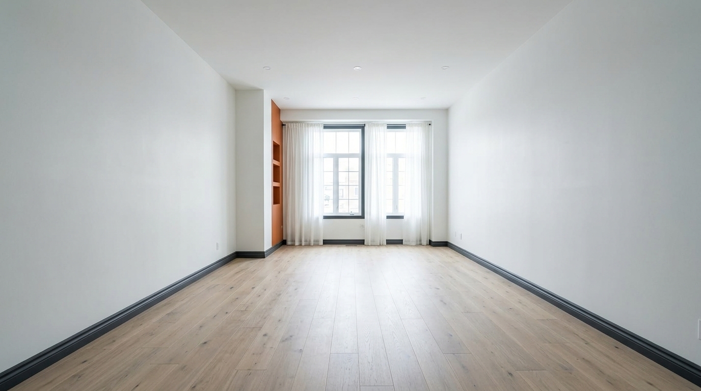 Salon ouvert de condo moderne fraîchement repeint en blanc