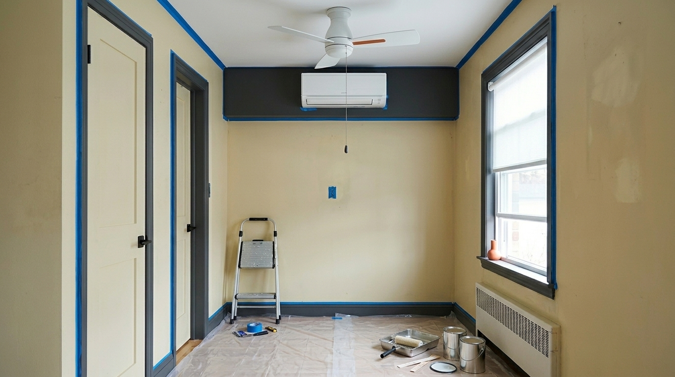 Petit salon de condo en préparation avec ruban bleu sur l'unité d'air climatisé