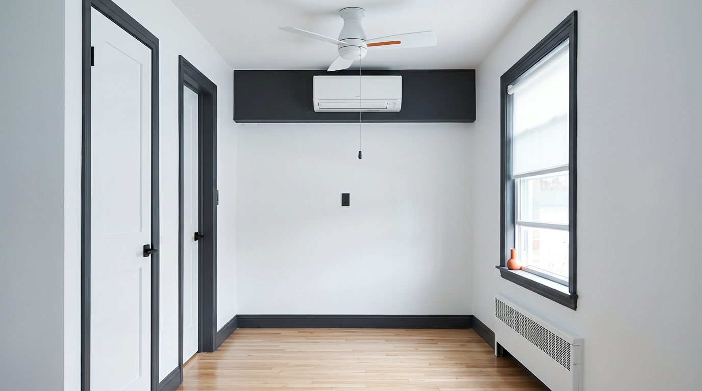 Petit salon de condo avec mur d'accent charbon et plancher de bois