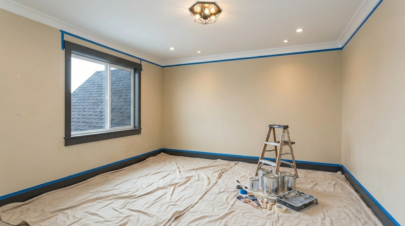 Chambre de condo en préparation avec échelle et baldes de peinture