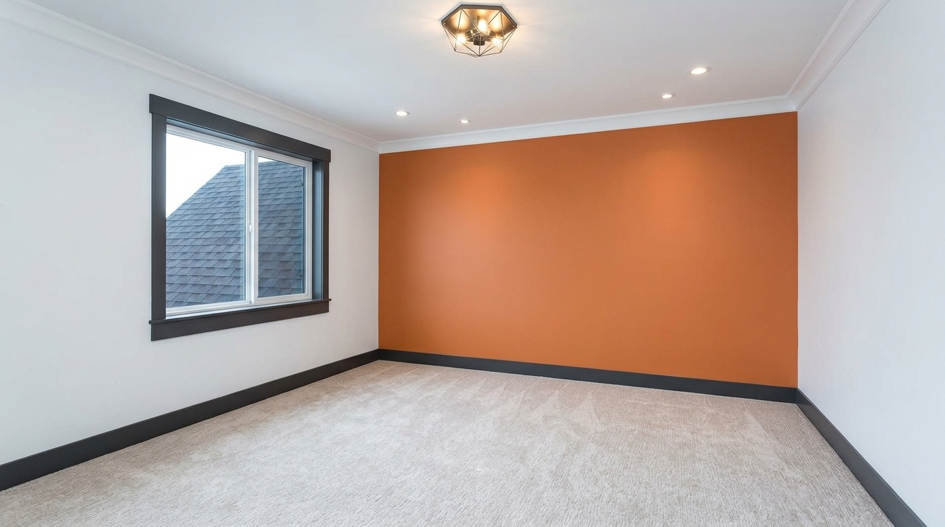 Chambre moderne de condo avec mur d'accent terracotta