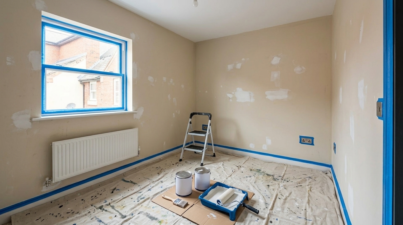 Chambre en préparation avec ruban bleu sur fenêtre et plinthes