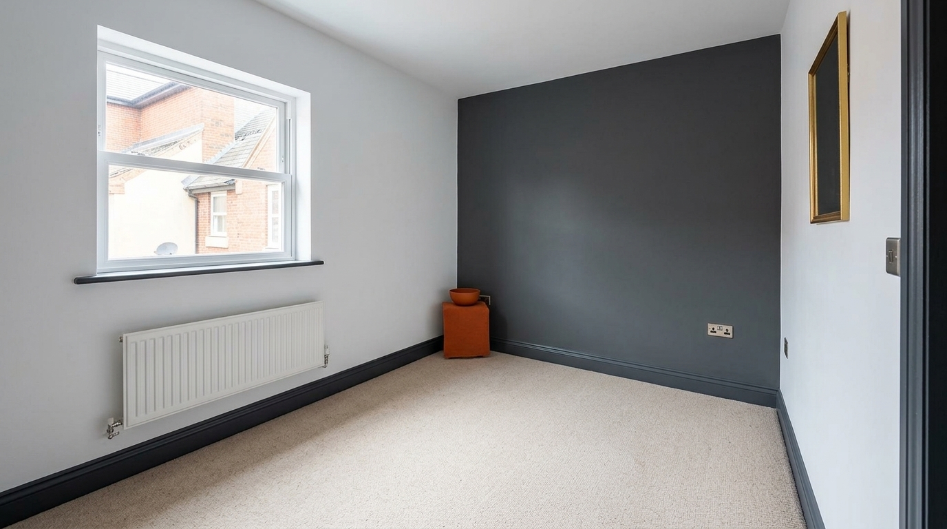 Petite chambre moderne avec mur d'accent gris foncé