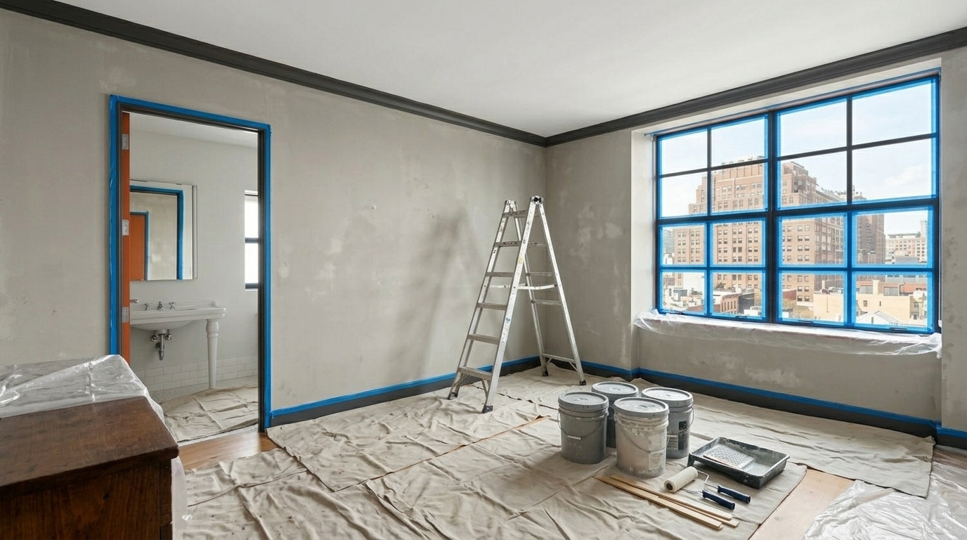 Chambre avec fenêtres industrielles en préparation pour peinture