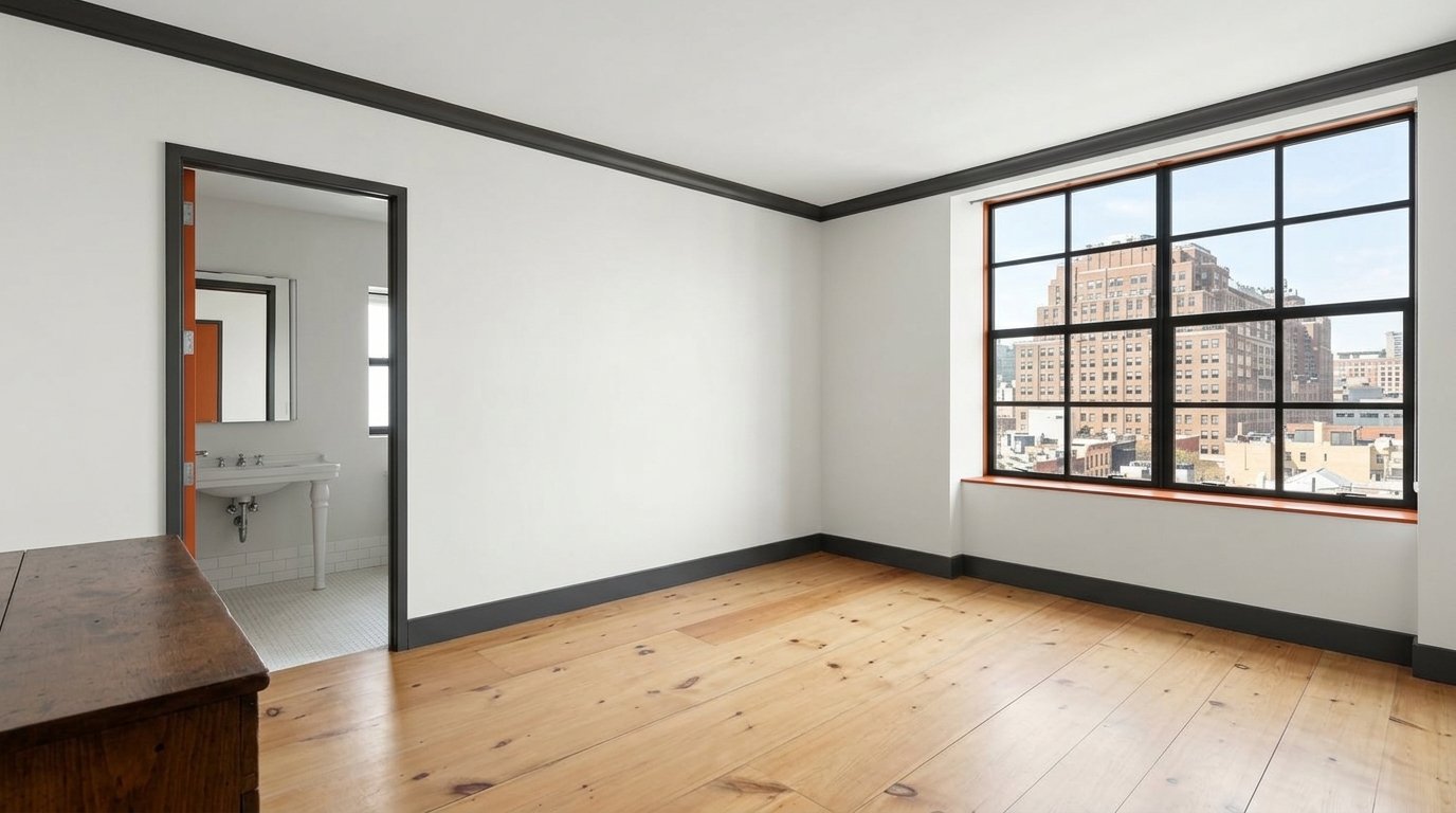 Chambre moderne avec grandes fenêtres industrielles vue ville