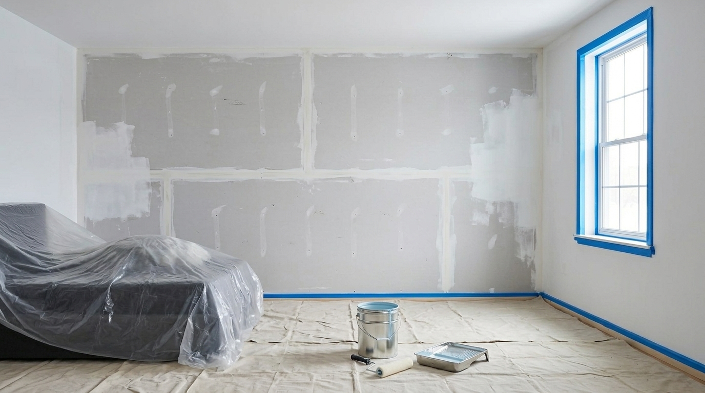 Chambre en cours de peinture bleue avec mobilier protégé